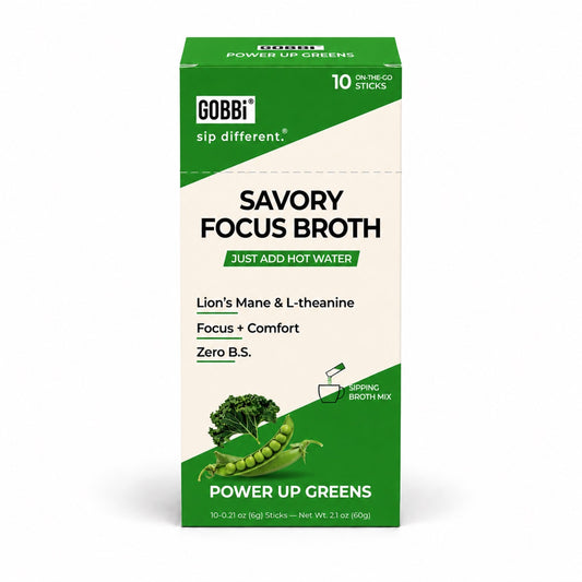 Front of GOBBi Savory Focus Broth Power Up Greens 10-stick box