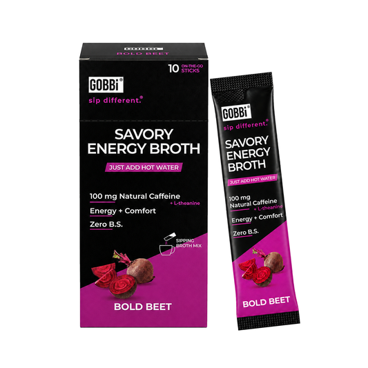 GOBBi Energy Broth Bold Beet box and stick pack on a white background