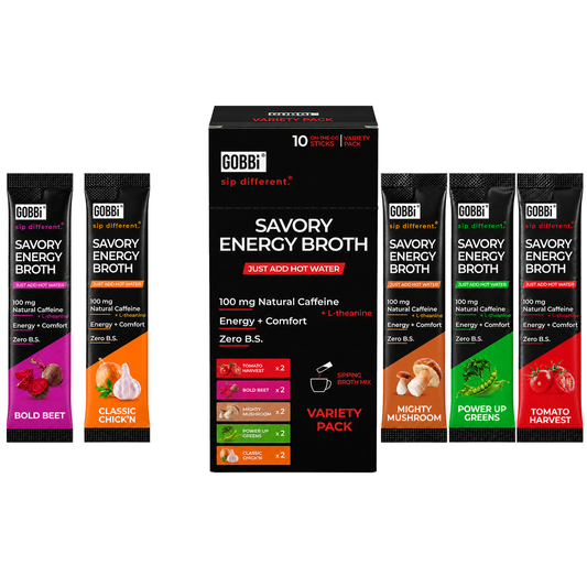 GOBBi Energy Broth Variety Pack box with all five stick pack flavors on a white background