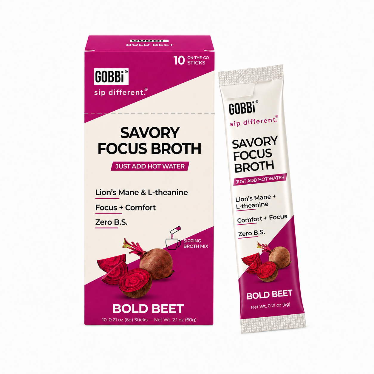 GOBBi Savory Focus Broth Bold Beet box and single-serve stick