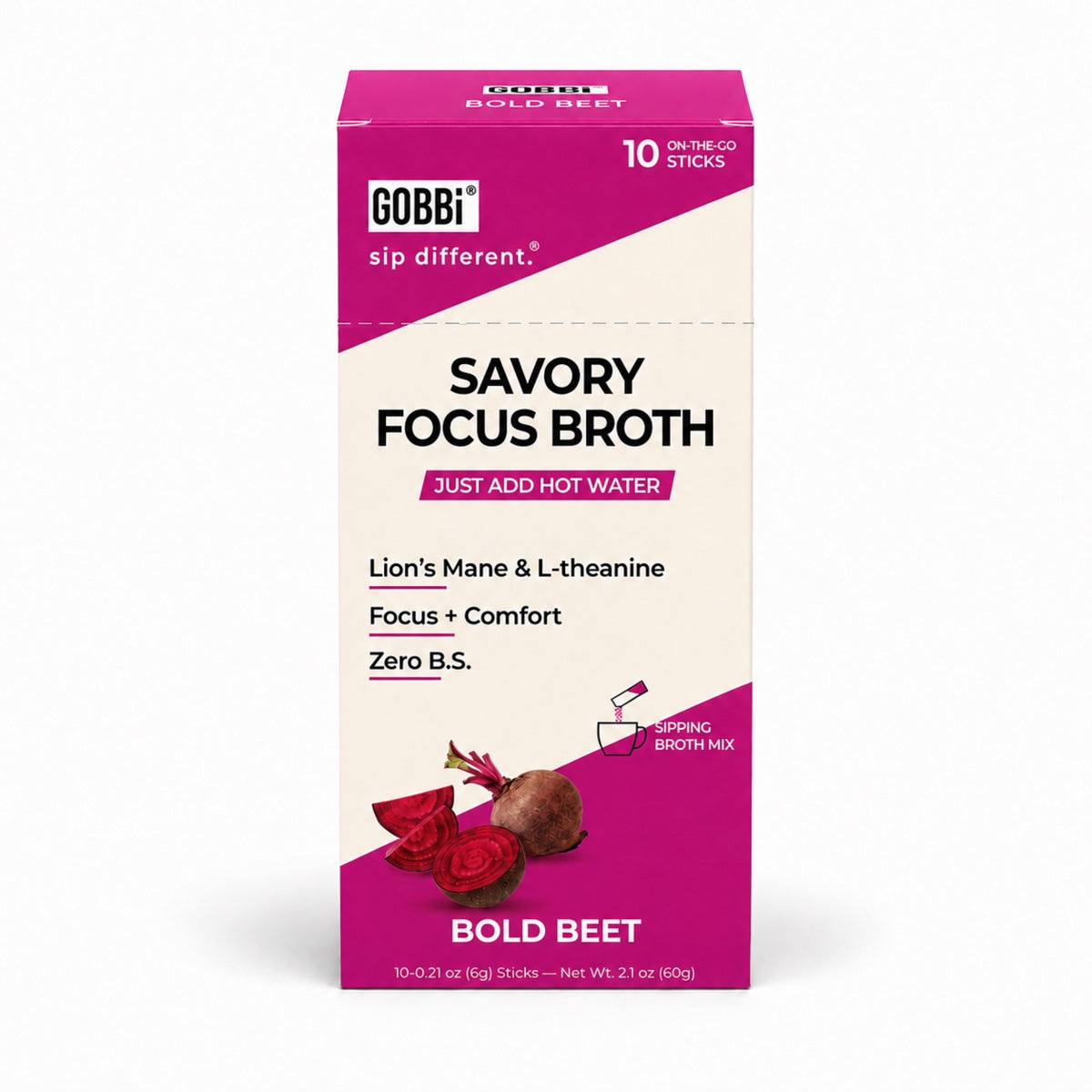 Front of GOBBi Savory Focus Broth Bold Beet 10-stick box