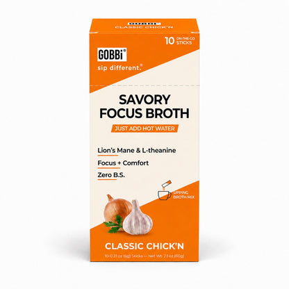Front of GOBBi Savory Focus Broth Classic Chick'n 10-stick box