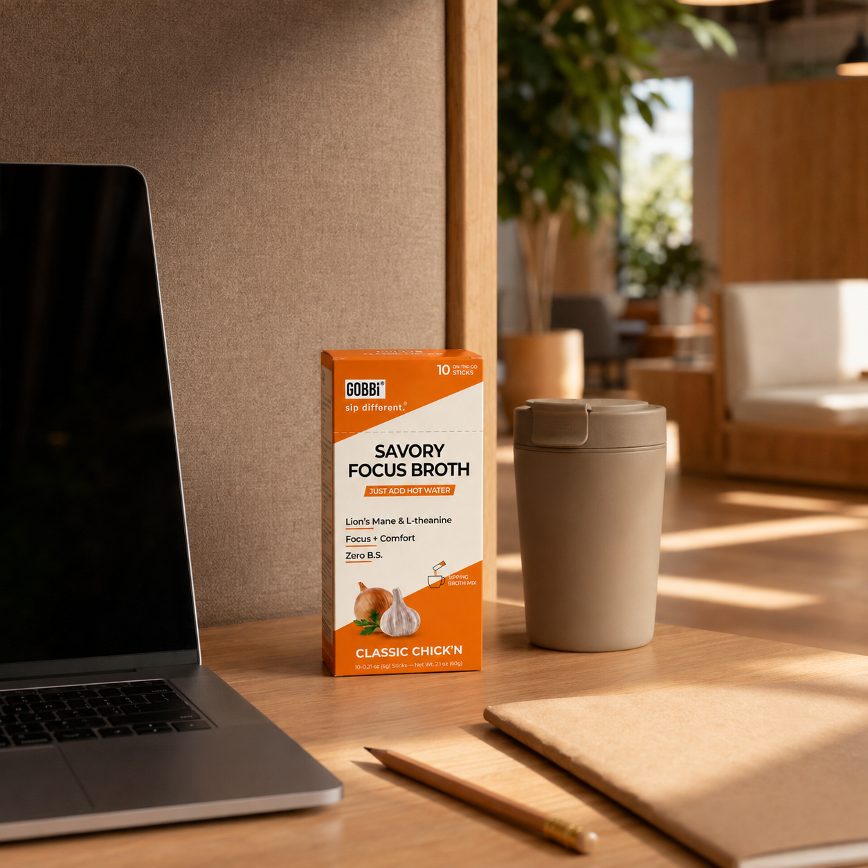 Classic Chick'n Focus Broth in a coworking booth