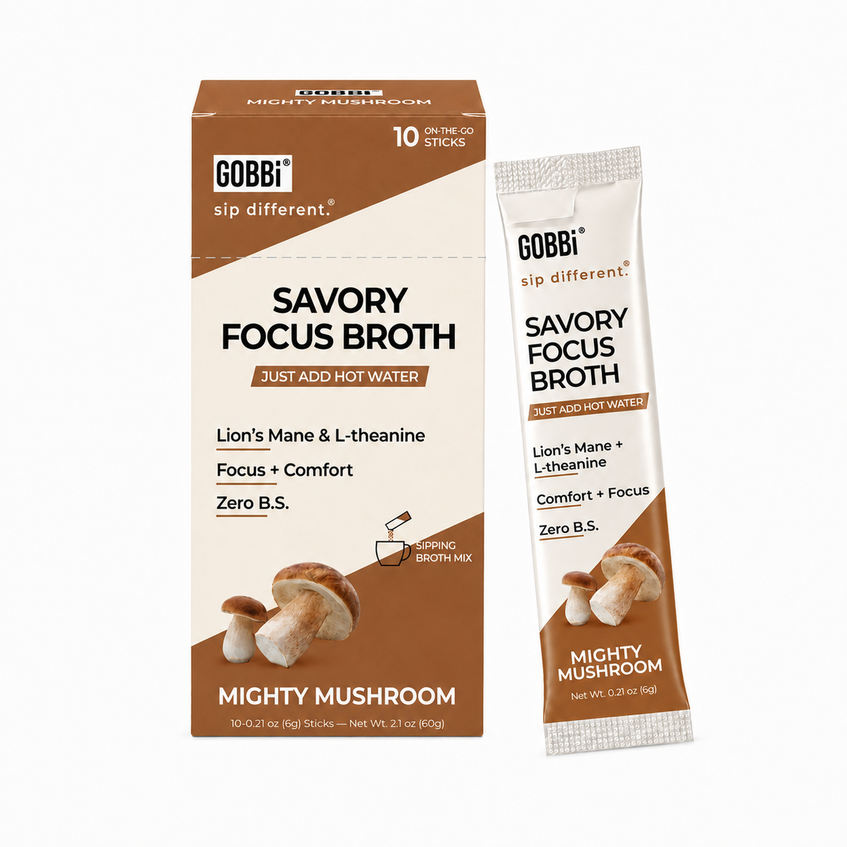 GOBBi Savory Focus Broth Mighty Mushroom box and single-serve stick
