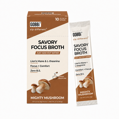 GOBBi Savory Focus Broth Mighty Mushroom box and single-serve stick