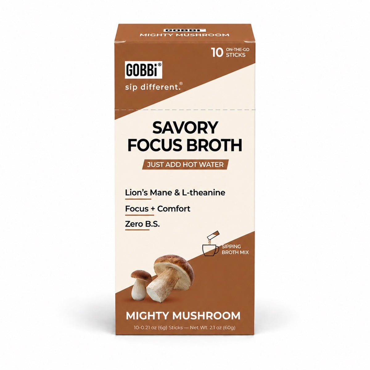 Front of GOBBi Savory Focus Broth Mighty Mushroom 10-stick box