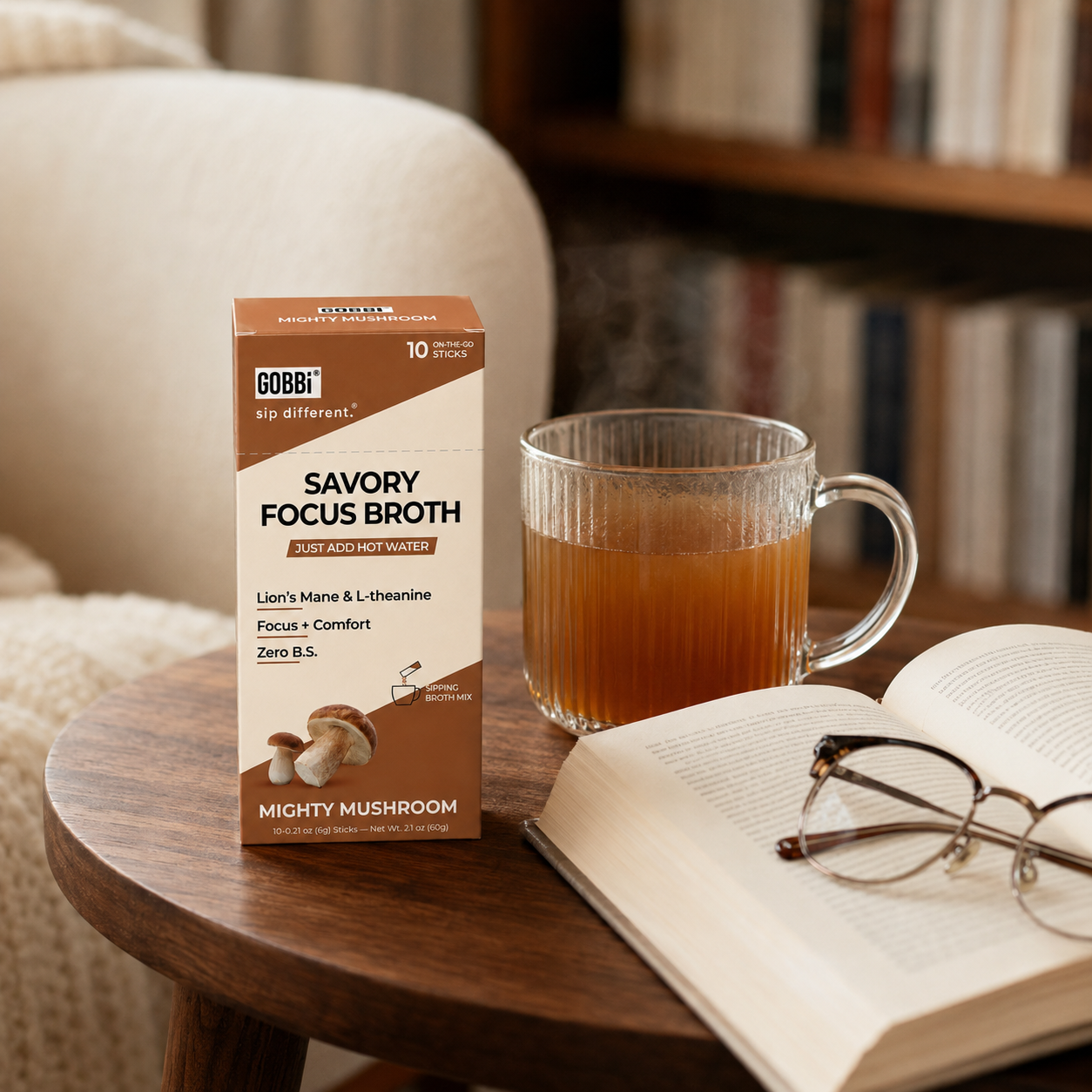 Mighty Mushroom Focus Broth in a cozy reading nook