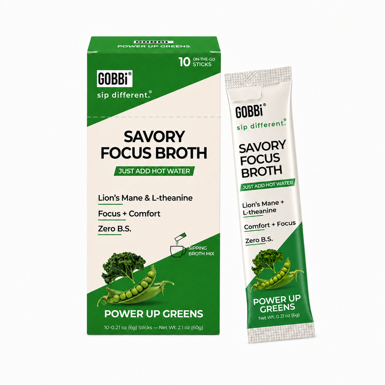GOBBi Savory Focus Broth Power Up Greens box and single-serve stick