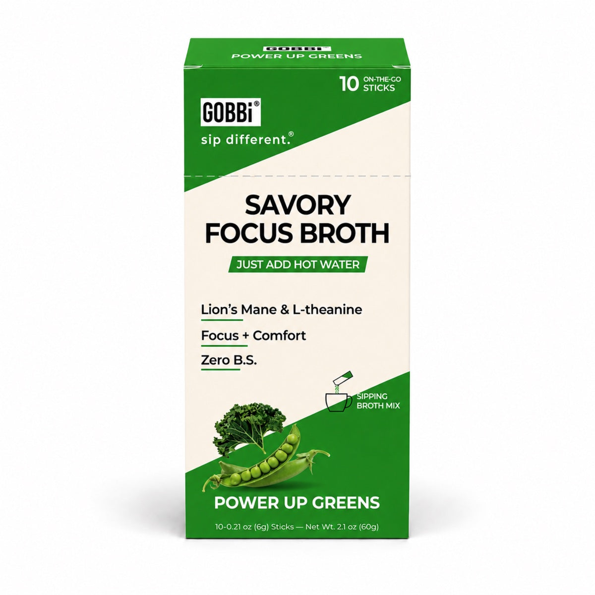 Front of GOBBi Savory Focus Broth Power Up Greens 10-stick box