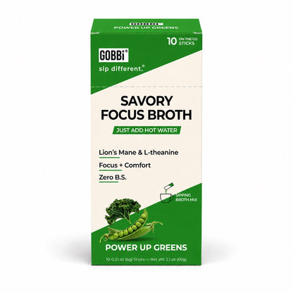 Front of GOBBi Savory Focus Broth Power Up Greens 10-stick box