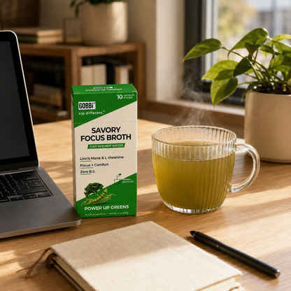 Power Up Greens Focus Broth at a deep-work desk