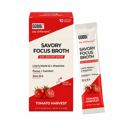 GOBBi Savory Focus Broth Tomato Harvest box and single-serve stick