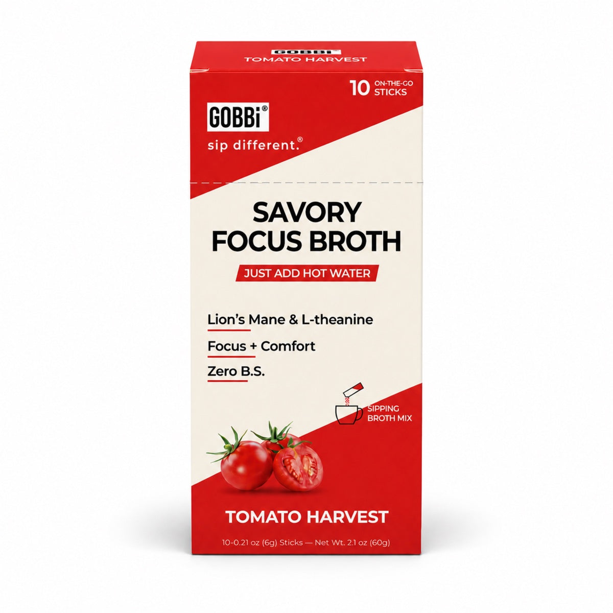 Front of GOBBi Savory Focus Broth Tomato Harvest 10-stick box