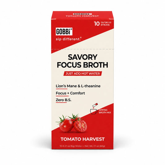 Front of GOBBi Savory Focus Broth Tomato Harvest 10-stick box