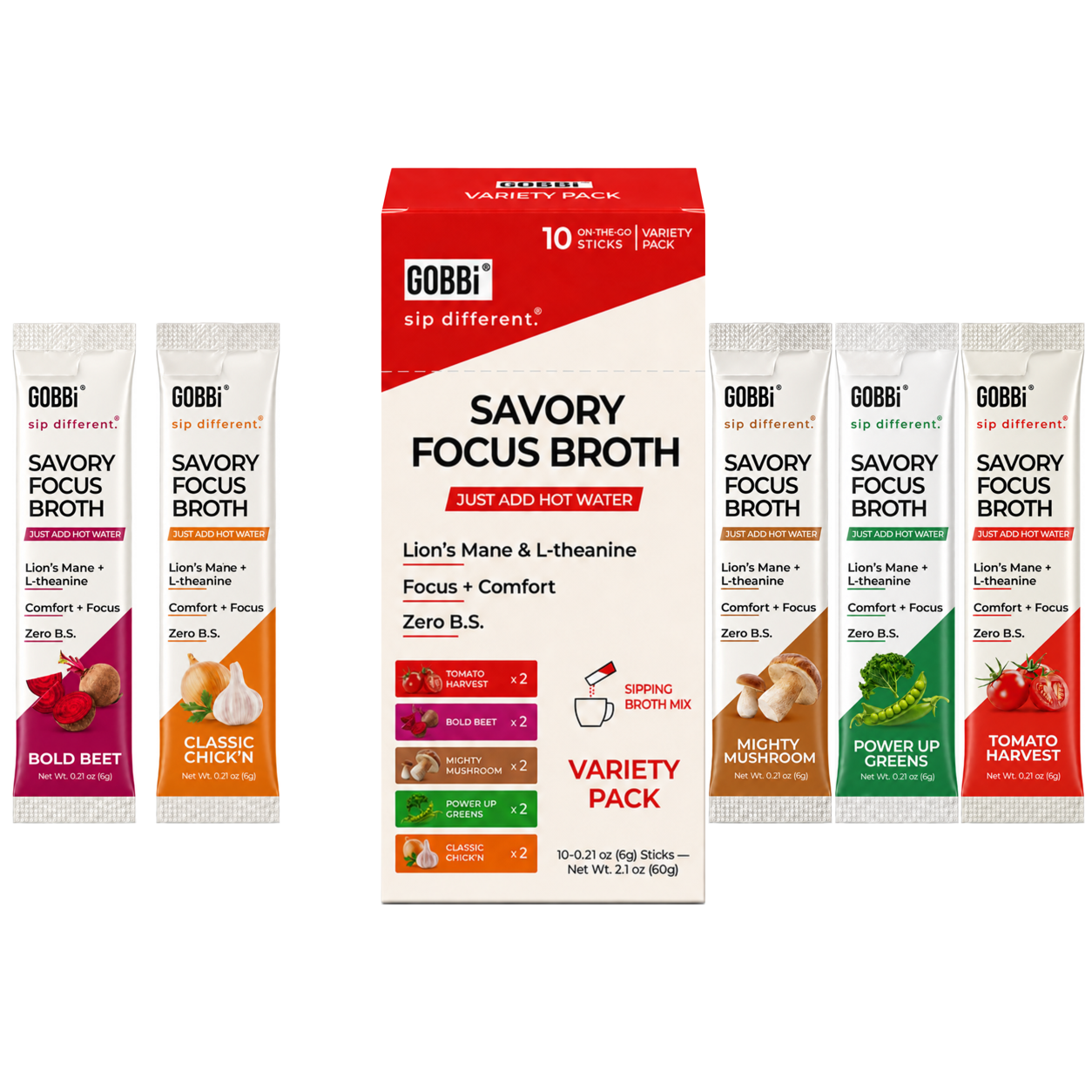 GOBBi Savory Focus Broth Variety Pack box with all five flavors