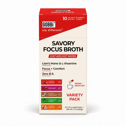 Front of GOBBi Savory Focus Broth Variety Pack 10-stick box