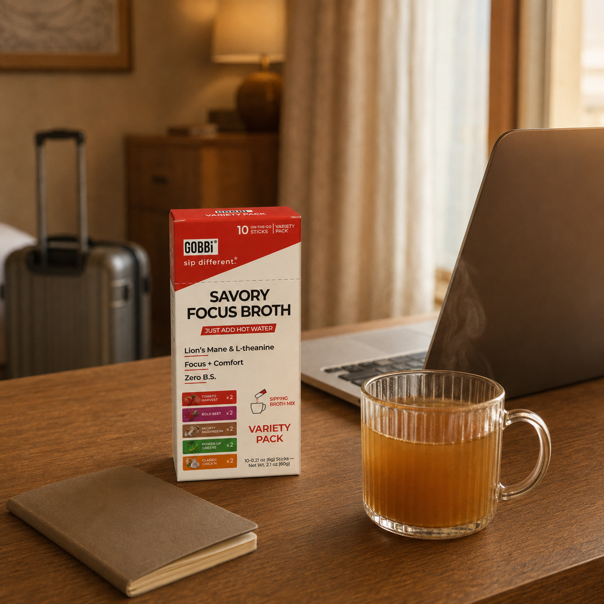 Focus Broth Variety Pack during a hotel work session