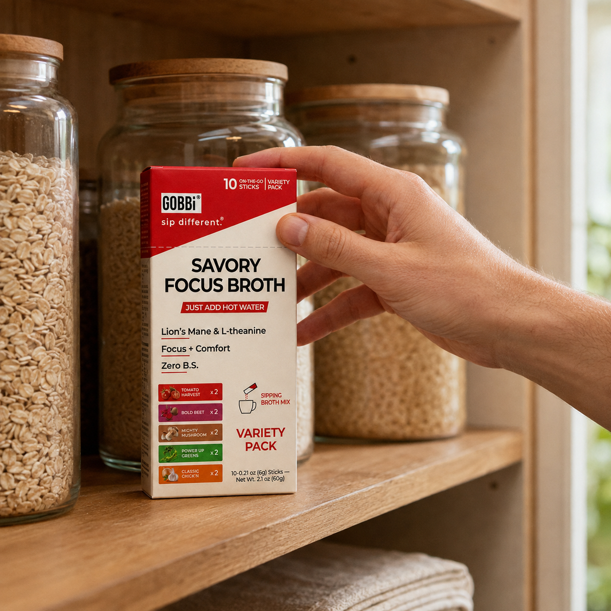 GOBBi Focus Broth Variety Pack in a home pantry
