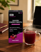 GOBBi Bold Beet Energy Broth and a warm cup at a home desk