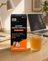 GOBBi Classic Chick’n Energy Broth and a warm cup at a home desk