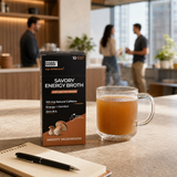 GOBBi Mighty Mushroom Energy Broth and a warm cup in an office lounge
