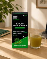 GOBBi Power Up Greens Energy Broth and a warm cup at a home desk