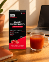 GOBBi Tomato Harvest Energy Broth and a warm cup at a home desk