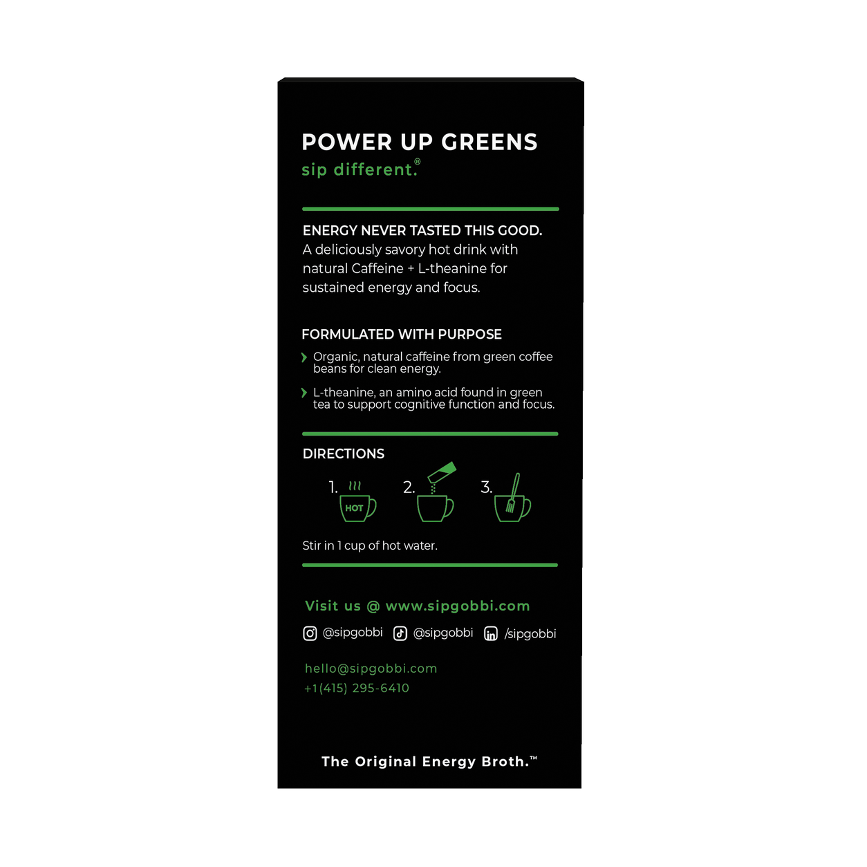 Energy Broth - Power Up Greens package and ingredients